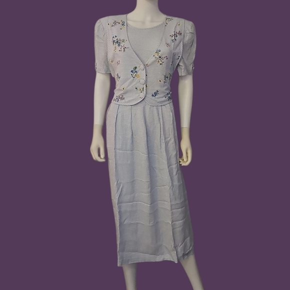 Another Thyme Dresses & Skirts - ANOTHER THYME 1980s Icy Blue Floral Gingham Tie Back Coquette Land Girl Dress